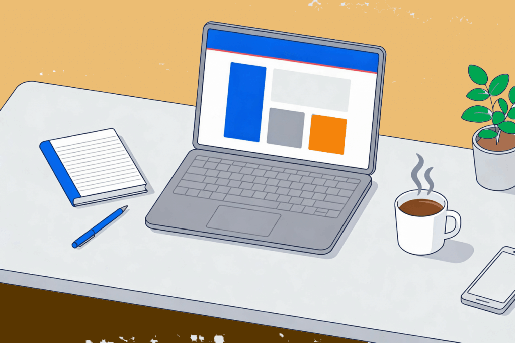 Illustration d'un espace de travail moderne avec ordinateur portable, carnet, stylo, tasse de café et plante verte